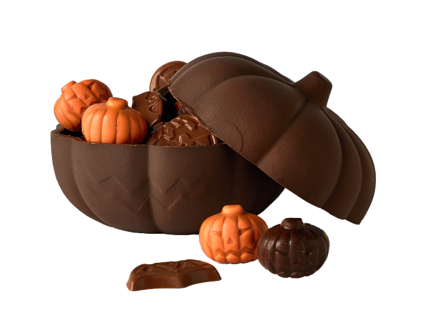 Dark chocolate pumpkin filled with treats